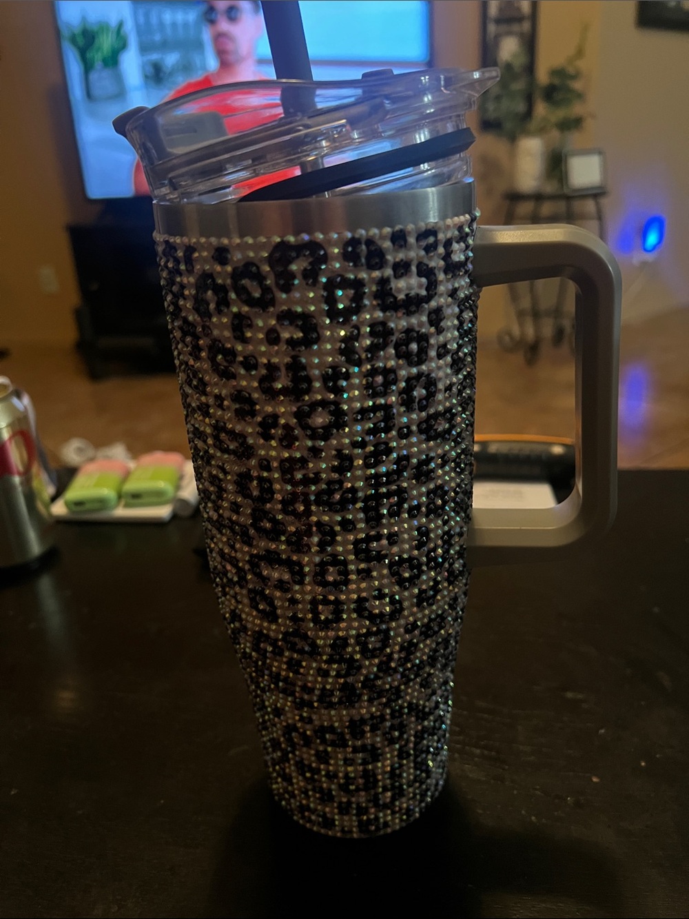 Leopard Print Rhinestone Tumbler with Handle